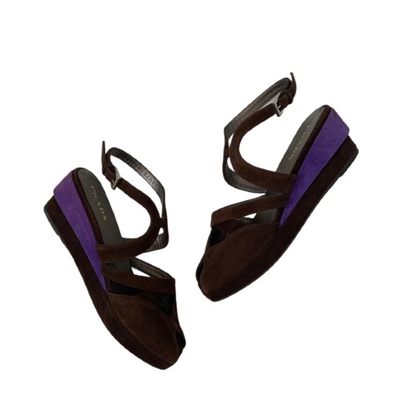 Prada Calzature Donna Ankle Strap Suede Leather Peep Toe Wedge Heel, Brown sz 38 - Picture 2 of 9